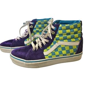 Vans Sk8 Hi Top Purple Suede & Neon Green Checkered Sneakers size M6.5/W8